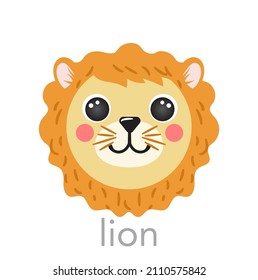 Lion Cute portrait with name text happy head cartoon round shape animal face, isolated vector icon illustrations on white. Flat simple hand drawn for app, UI, kids poster, t-shirts, baby clothes