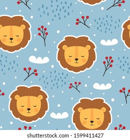 Lion cute seamless pattern, vector illustration background, animal cartoon pattern for kids