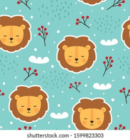 Lion cute seamless pattern, vector illustration background, animal cartoon pattern for kids