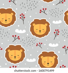 Lion cute seamless pattern, vector illustration background, animal cartoon pattern for kids