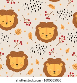 Lion cute seamless pattern, vector illustration background, animal cartoon pattern for kids