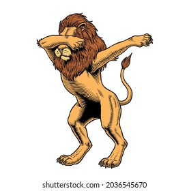 Aislamiento de leones sobre fondo blanco. Dab meme dance mueve. Ilustración vectorial de estilo cómic.