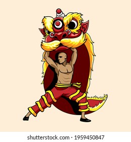 Lion Dance or Barongsai vector illustration symbol for tshirt print, design element, greeting card or any other purpose.