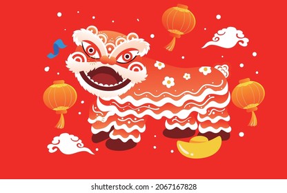 Celebraciones de Baile de León durante el Festival de Primavera ilustración del nuevo año del Tigre, año nuevo, saludo Cartel traducción china : felicitaciones por Año Nuevo