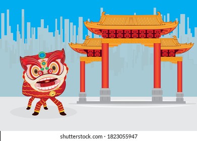 Lion dance and Chinatown or Chinese gate drawing in vector