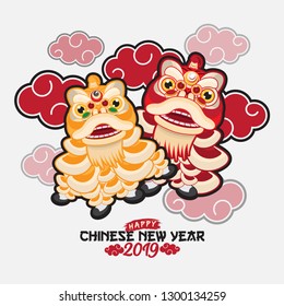 Lion dance with chinese new year greeting isolated in solid color background
