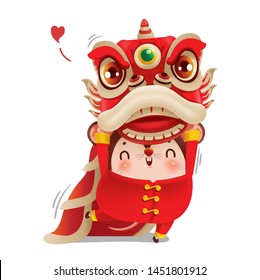 Lion Dance Chinese New Year 2020.Cartoon rat personality. Lucky zodiac signs. Vector illustration isolated on a white background.