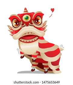 lion dance Chinese New Year. Lion dance procession dancing and smiling. Cartoon Lucky signs. Vector illustration isolated on a white. background.