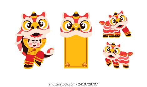 Lion dance, chinese new year elements in modern minimalist geometric style. Colorful illustration in flat vector cartoon style. Cute chinese lion costume on white isolated background.