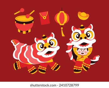 Lion dance, chinese new year elements in modern minimalist geometric style. Colorful illustration in flat vector cartoon style. Cute chinese lion costume on red isolated background. Lantern, gold