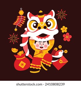 Lion dance, chinese new year elements in modern minimalist geometric style. Colorful illustration in flat vector cartoon style. Cute chinese boy in lion costume on red isolated background. Dragon year