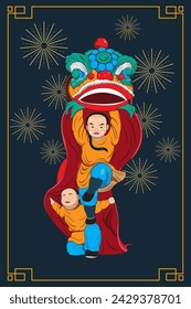 Baile de leones. Estilo lindo que realiza la ilustración tradicional del dibujo animado de la danza del león.