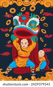 Lion dance. Cute style  performing traditional lion dance cartoon illustration