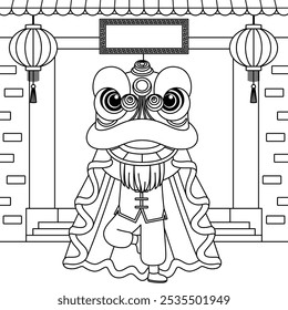 Lion dance in front of pagoda gate outline coloring page. China new year colouring page for kids