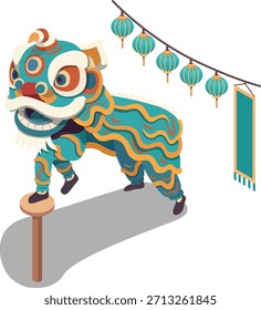 Ilustración vectorial isométrica de la danza del león