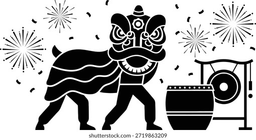 Actuación de danza del león con tambor y Ilustración vectorial de decoración de fuegos artificiales
