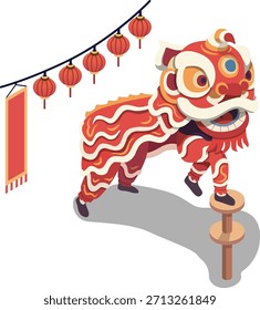 Ilustración isométrica de actuación de danza del león