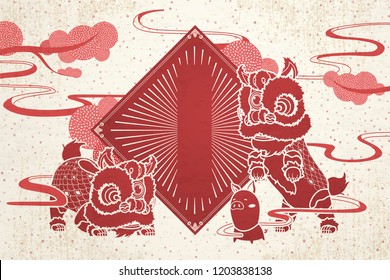 Lion dance and pig with blank spring couplets for Chinese new year greeting, red and beige color tone