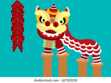 lion dance with poles and fireworks vector/illustration
