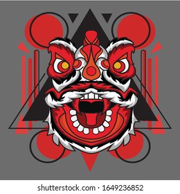 lion dance with red fangs suitable for logos, product stamp, wall display, apparel, etc.