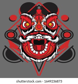 lion dance with red fangs suitable for logos, product stamp, wall display, apparel, etc.