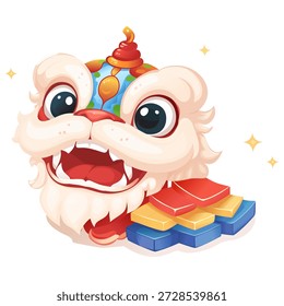 Baile del león diseño plano simple. Linda actuación tradicional de la danza del león ilustración de dibujos animados sobre fondo blanco