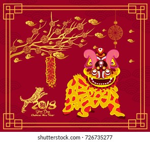 Lion dancing and chinese new year with firecracker