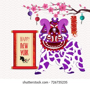 Lion dancing head and chinese new year with firecracker with scroll