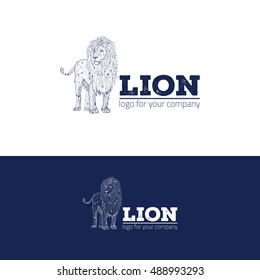 Lion dark blue geometric low poly lines silhouette isolated vector logo. 