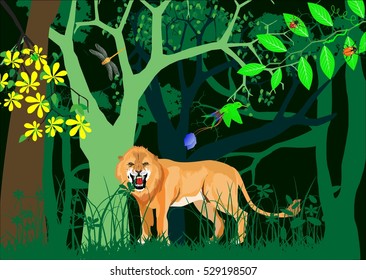 Lion in dark jungles vector illustrations