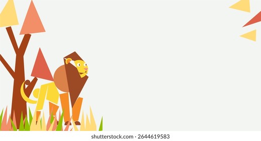 Lion day celebration background design with cubism lion animal and plants and with negative area for text. Cute lion animal geometry. protecting animal. world lion day