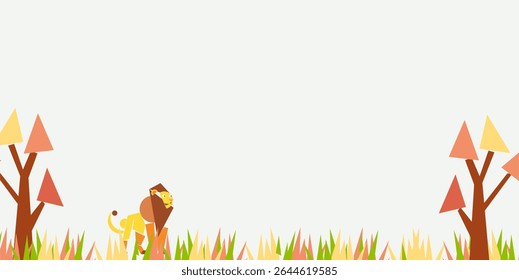 Lion day celebration background design with cubism lion animal and plants and with negative area for text. Cute lion animal geometry. protecting animal. world lion day