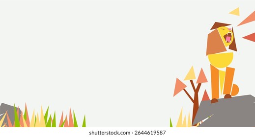 Lion day celebration background design with cubism lion animal and plants and with negative area for text. Cute lion animal geometry. protecting animal. world lion day