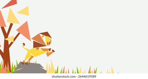 Lion day celebration background design with cubism lion animal and plants and with negative area for text. Cute lion animal geometry. protecting animal. world lion day