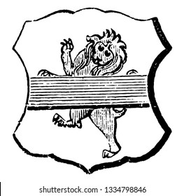 Lion Debruised has an ordinary placed upon it is said to be debruised, vintage line drawing or engraving illustration.