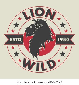 Lion design apparel. Stamp for print t-shirts, clothing. Wild animal. Vector illustration.