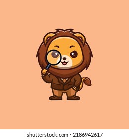 Lion Detective Cute Creative Kawaii Cartoon Mascot Logo