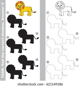 Lion with different shadows to find the correct one, compare and connect object with it true shadow, the educational kid game with simple gaming level.