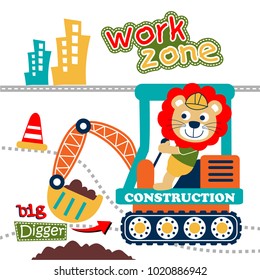 lion and digger construction funny animal cartoon,vector illustration