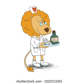 Lion doctor vector illustration for a children book or health magazine
