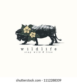 lion in Double exposure vector for your design, wildlife concept.