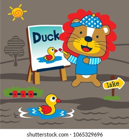 lion drawing a duck funny animal cartoon,vector illustration