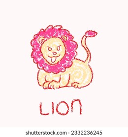 Lion drawings with crayon. Kids doodle drawing, children crayon drawing and hand drawn, pastel pencil doodle vector illustration