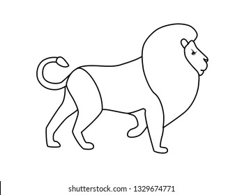 Lion drawn contour line. Black stroke pattern on white background. Big lion for painting to children.