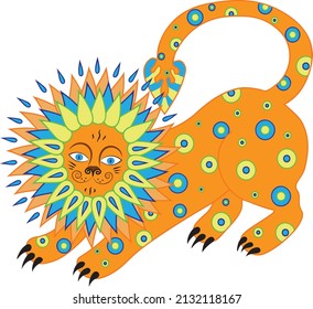 The Lion Is Drawn In The Style Of Primitivism In National Ukrainian Colors