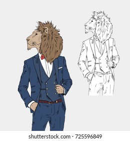 lion dressed up in classy style, anthropomorphic illustration, fashion animals