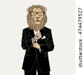 lion dressed up in tuxedo with tattoo, anthropomorphic illustration, fashion animals