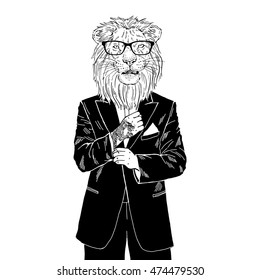 lion dressed up in tuxedo with tattoo, anthropomorphic illustration, fashion animals