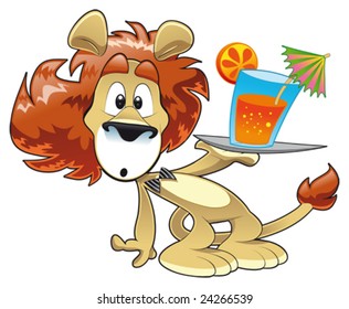 Lion with Drink. Funny cartoon and vector character