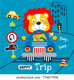 lion the driver car funny cartoon,vector illustration